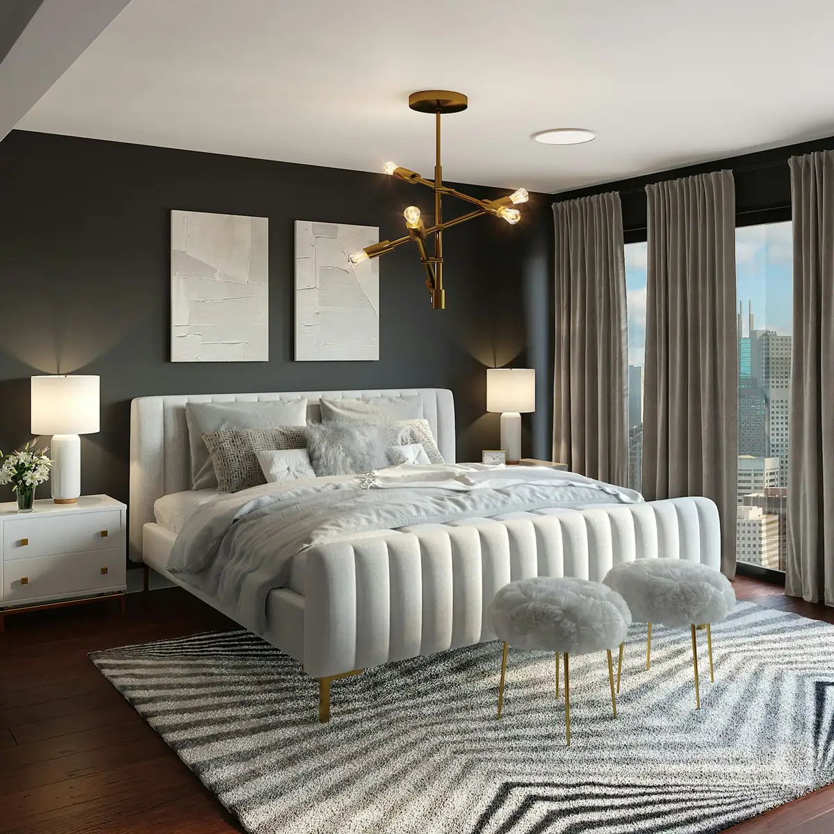 A calm bedroom in warm white linen