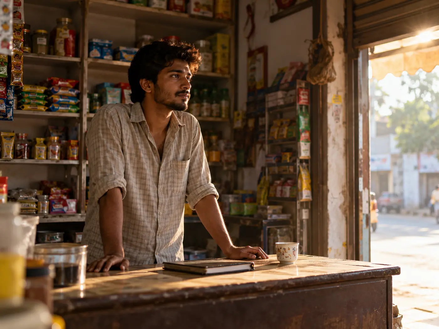 A shop owner at the counter