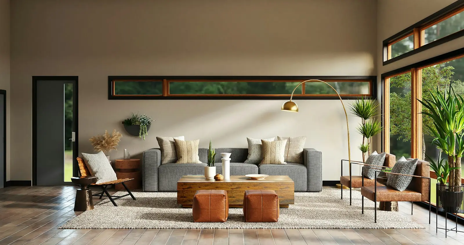 A sunlit living room with linen seating